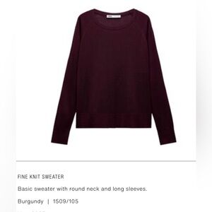 NWT Zara Burgundy Crew Neck Fine Knit Sweater